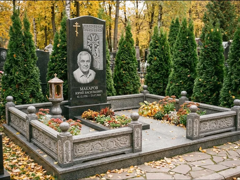 Памятник из чёрного гранита — стела с крестом и лампадой с армянским хачкаром, работа «Гущин» в Туле