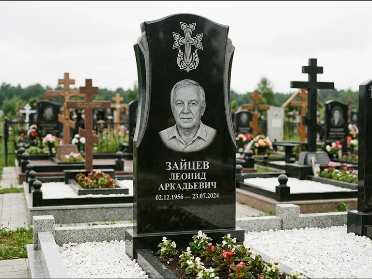 Памятник из чёрного гранита — семейная стела на двоих с армянским хачкаром, работа «Журавлёв» в Туле