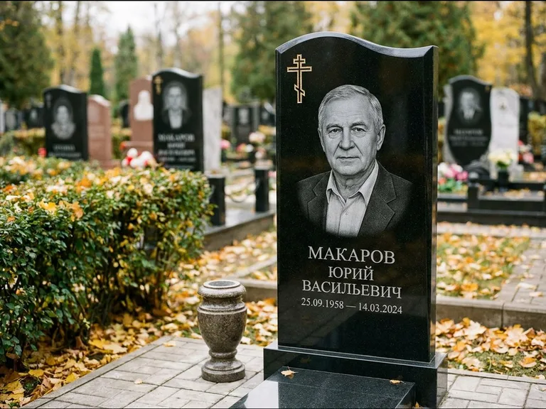 Памятник из чёрного гранита — фигурная стела с киот-нишей с процветшим крестом с виноградной лозой, работа «Богданов» в Туле