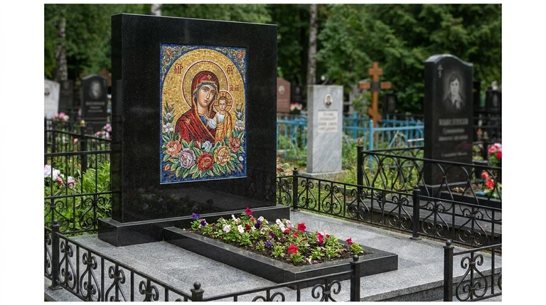 Мозаика на памятник в Туле — цветное панно из смальты на чёрной гранитной стеле