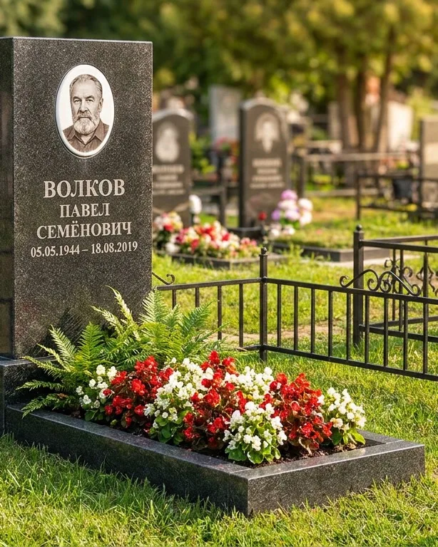 Тёмно-серый памятник под ключ с художественной гравировкой в Туле