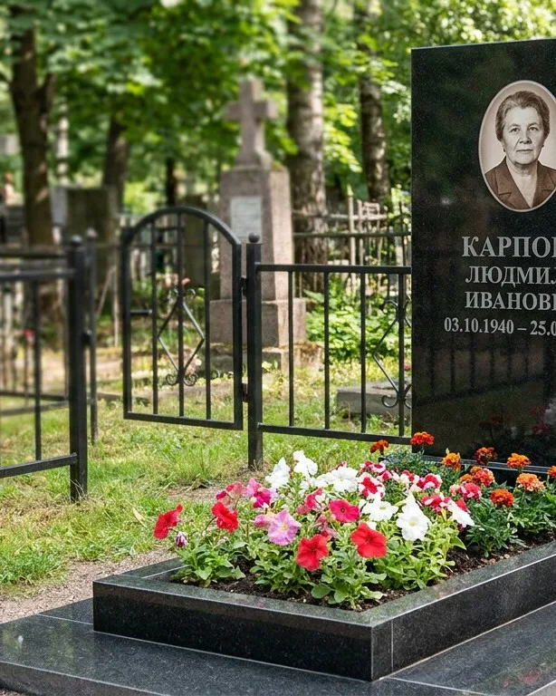 Памятник под ключ с низкой оградой и цветником в Туле