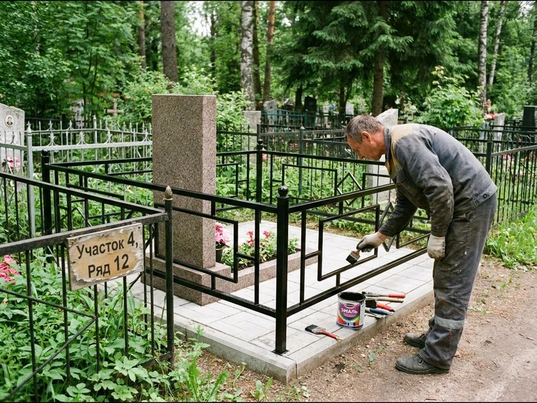 Покраска оградки на кладбище в Туле — мастер красит металлическую ограду на могиле чёрной эмалью