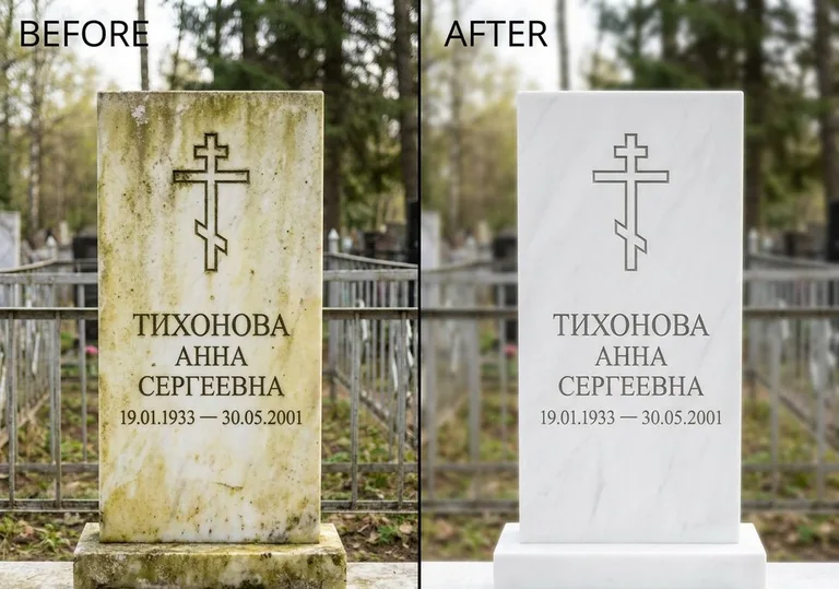 Восстановление мраморного надгробия от желтизны: до и после в Туле