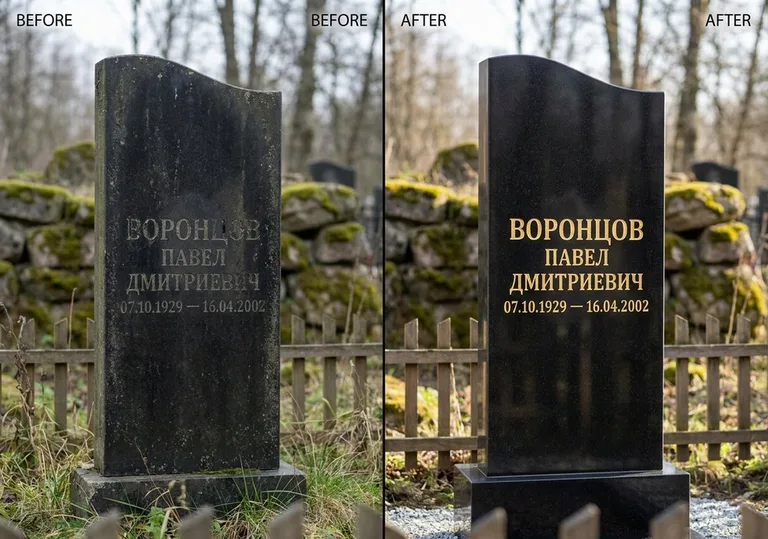 Золочение и обновление надписей на памятнике: до и после в Туле