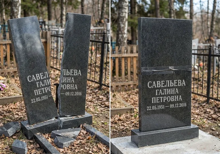 Склейка расколотого гранитного памятника: до и после в Туле