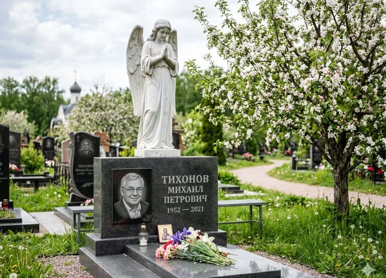 Мраморный молящийся ангел на гранитном памятнике весной в Туле
