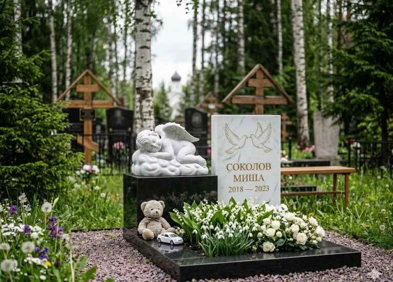Белый ангелочек на детском памятнике в Туле