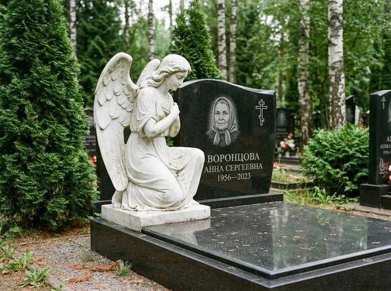Белый мраморный ангел на гранитном памятнике в Туле