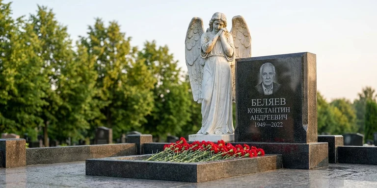 Скульптура на памятник в Туле — мраморный ангел на гранитном мемориале
