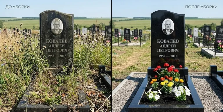 Уборка могилы до и после — ухоженный участок в Туле