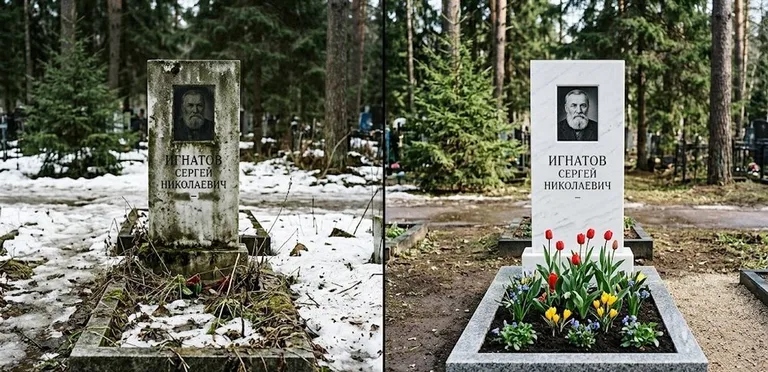 Диптих №6: высадка хризантем у подножия серого гранита — до и после уборки в Туле