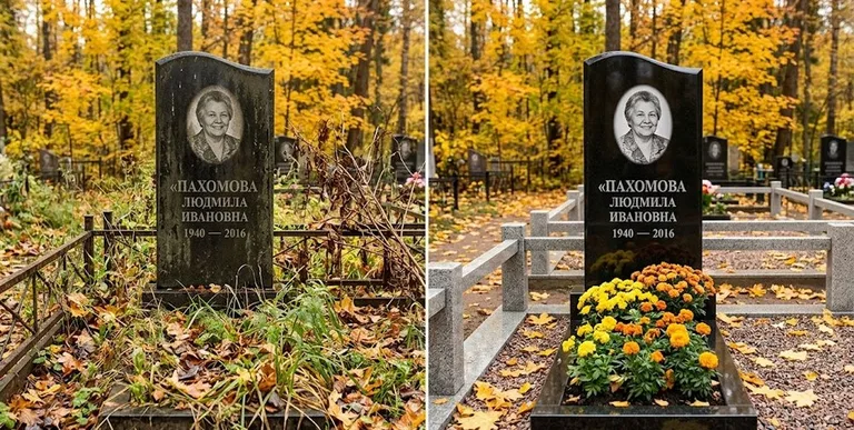 Уборка могилы до и после осенью — клёны в Туле