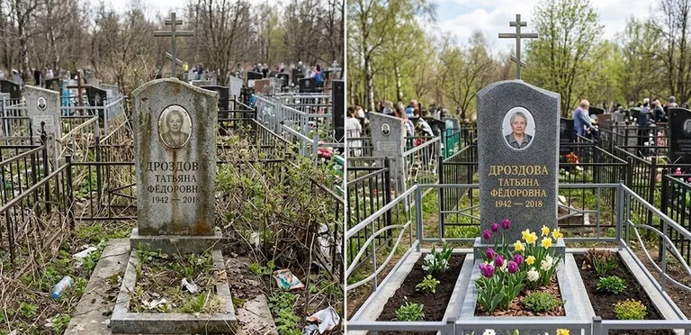 Диптих №4: свежепокрашенная серебром оградка и отмытый красный гранит — до и после в Туле