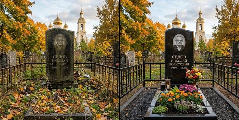 Уборка могилы до и после осенью — у церкви в Туле