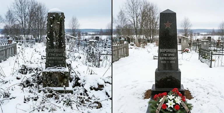 Уборка могилы до и после зимой — воинский обелиск в Туле