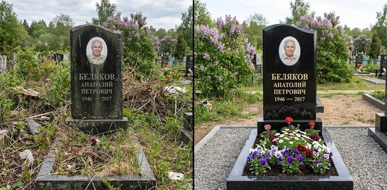 Уборка могилы до и после весной — цветущая сирень в Туле