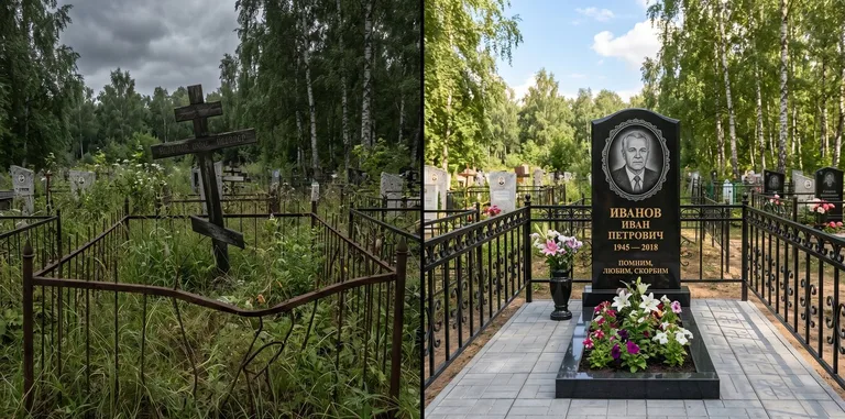 Благоустройство могилы до и после установки памятника в Туле