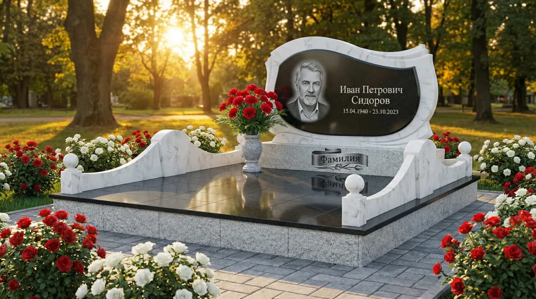 Памятник папе из белого мрамора и чёрного гранита, фигурная стела с портретом, обилие красных и белых роз Памятник папе из белого мрамора и чёрного гранита, фигурная стела с портретом, обилие красных и белых роз