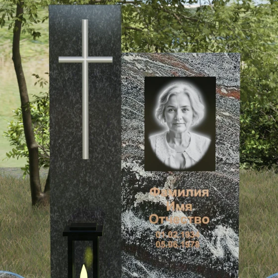 Комбинированный памятник с крестом, европейский дизайн, гранит амфиболит