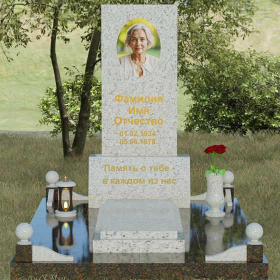 Вертикальный гранитный мемориал со строгими линиями и шарами, гранит Мансуровский, вид 2