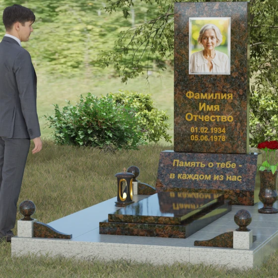 Вертикальный гранитный мемориал со строгими линиями и шарами, гранит Дымовский, вид 4