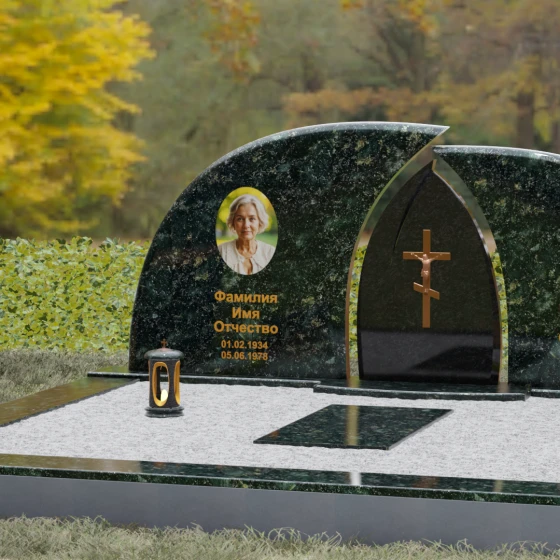 Комбинированный двойной памятник с аркой и крестом, гранит Балтик грин, вид 4