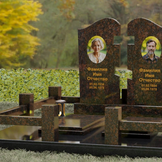 Двойной гранитный памятник-пазл с волной, гранит Дымовский, вид 4