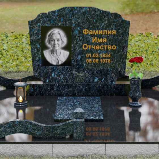 Горизонтальный памятник-волна с цоколем, гранит Блю Перл, вид 2