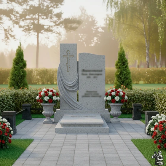 Элитный памятник с драпировкой и крестом, гранит Мансуровский