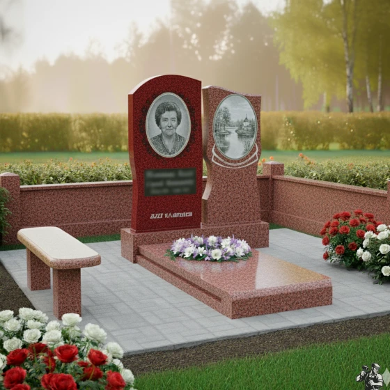 Двойной памятник с пейзажем и орнаментом, гранит Лезниковский