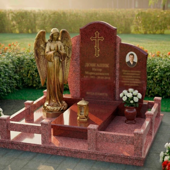 Вертикальный гранитный памятник с православным крестом, гранит Лезниковский