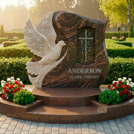 Вертикальный памятник с голубем и розами, гранит Дымовский