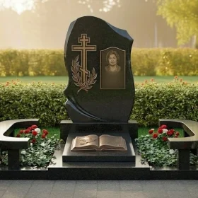 Православный вертикальный гранитный памятник с крестом в составе мемориального комплекса - ПН378