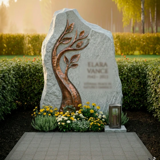 Гранитный памятник с Древом Жизни (металл), гранит Мансуровский