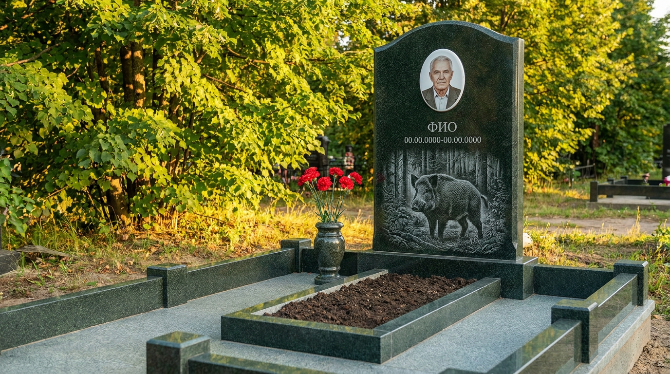 Пример дизайна: Гранитный памятник охотнику арочной формы с лесной чащей