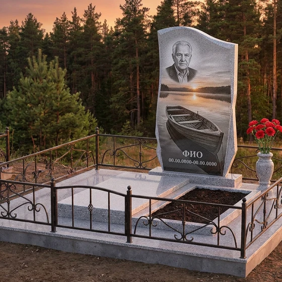 Гранитный памятник рыбаку в форме скалы с уловом