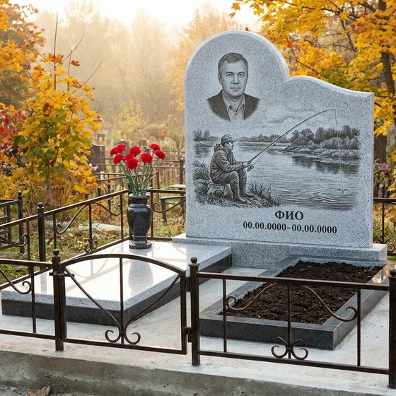 Гранитный памятник рыбаку с резным сердцем со щукой