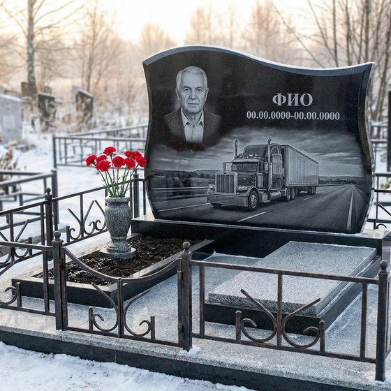 Гранитный памятник дальнобойщику арочной формы с фурой на закате