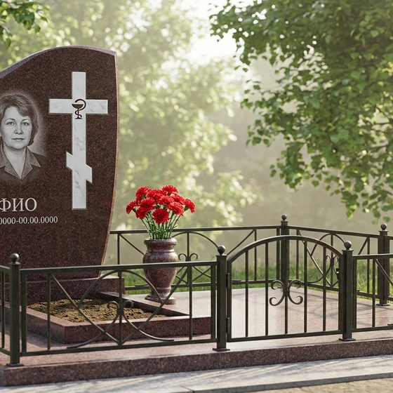 Гранитный памятник врачу с арочным верхом с эмблемой врача