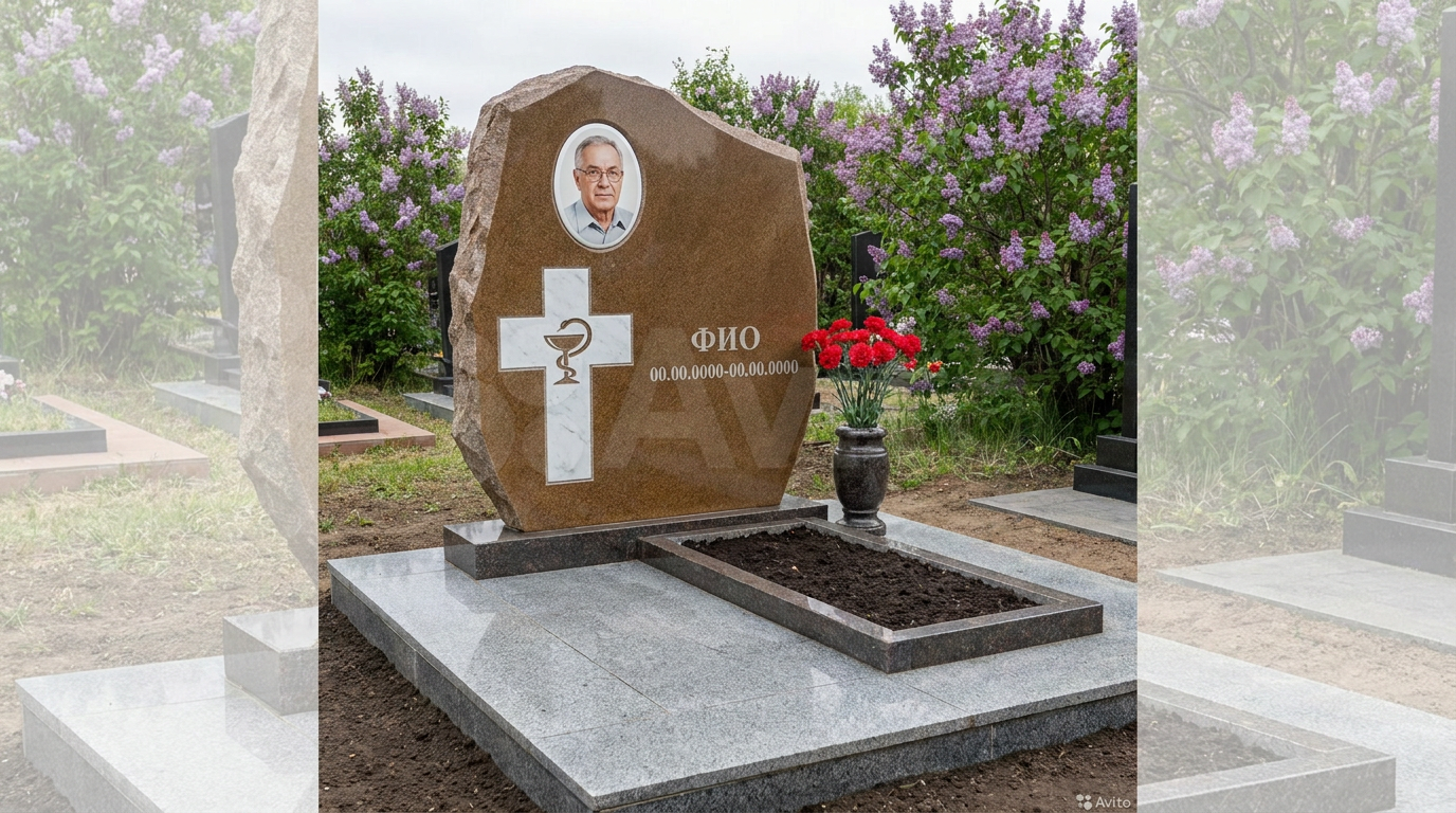 Пример дизайна: Гранитный памятник врачу в форме скалы с чашей и змеёй