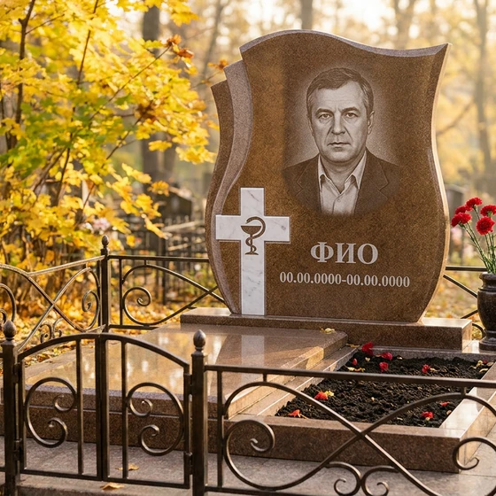 Гранитный памятник врачу с эмблемой врача