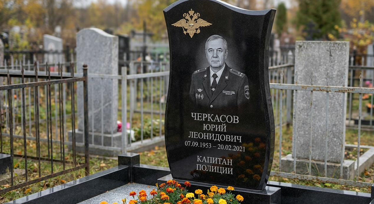 Пример дизайна: Памятник капитану полиции с эмблемой МВД