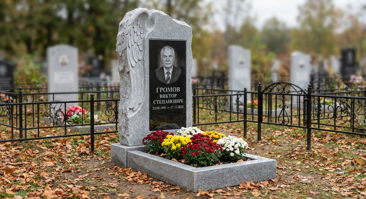 Пример дизайна: Мемориал с крылом ангела из серого гранита Mansurovsky
