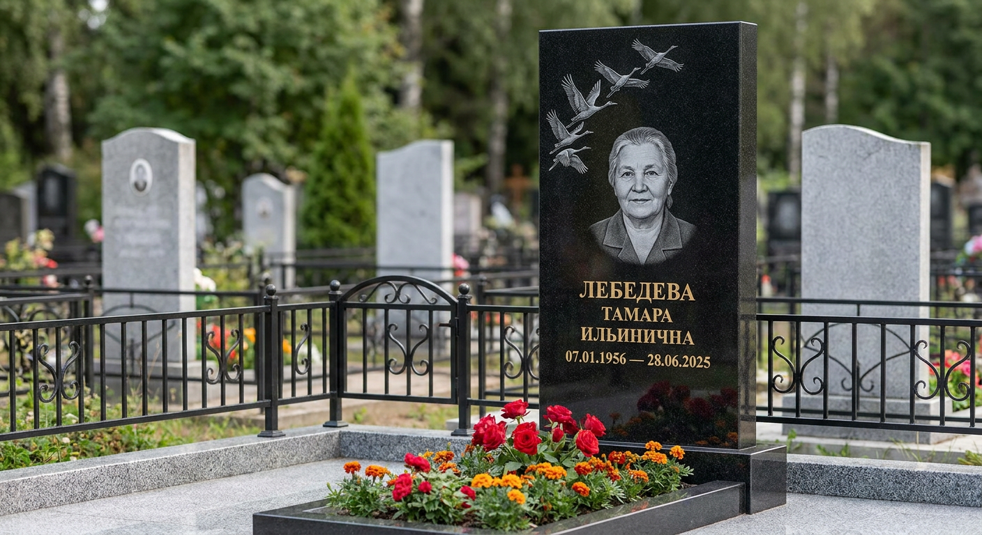 Пример дизайна: Мемориал с журавлиным клином из черного габбро-диабаза