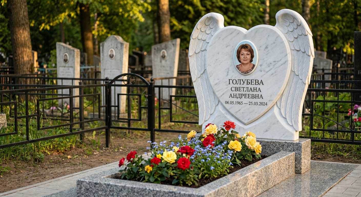 Пример дизайна: Памятник с крылом ангела из белого мрамора