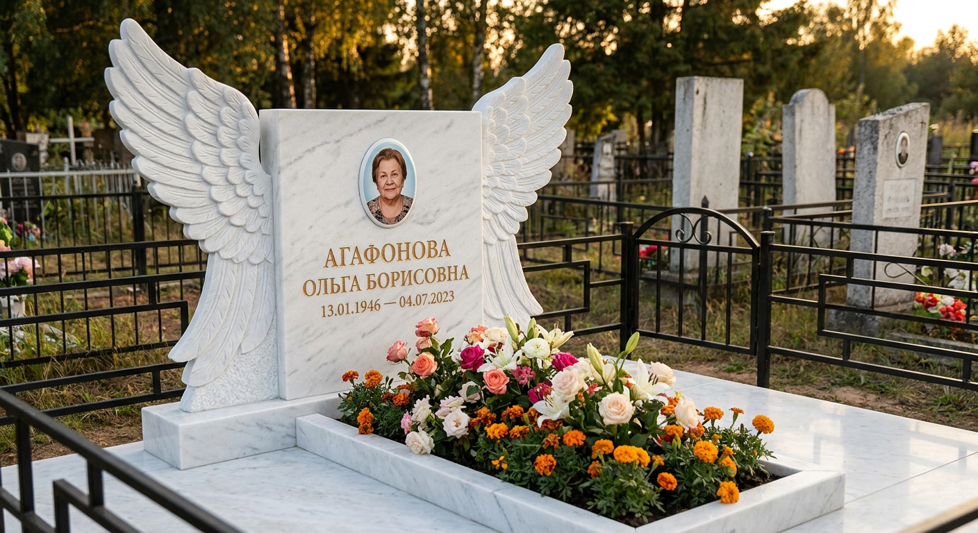 Пример дизайна: Мемориал с парящими крыльями из белого мрамора