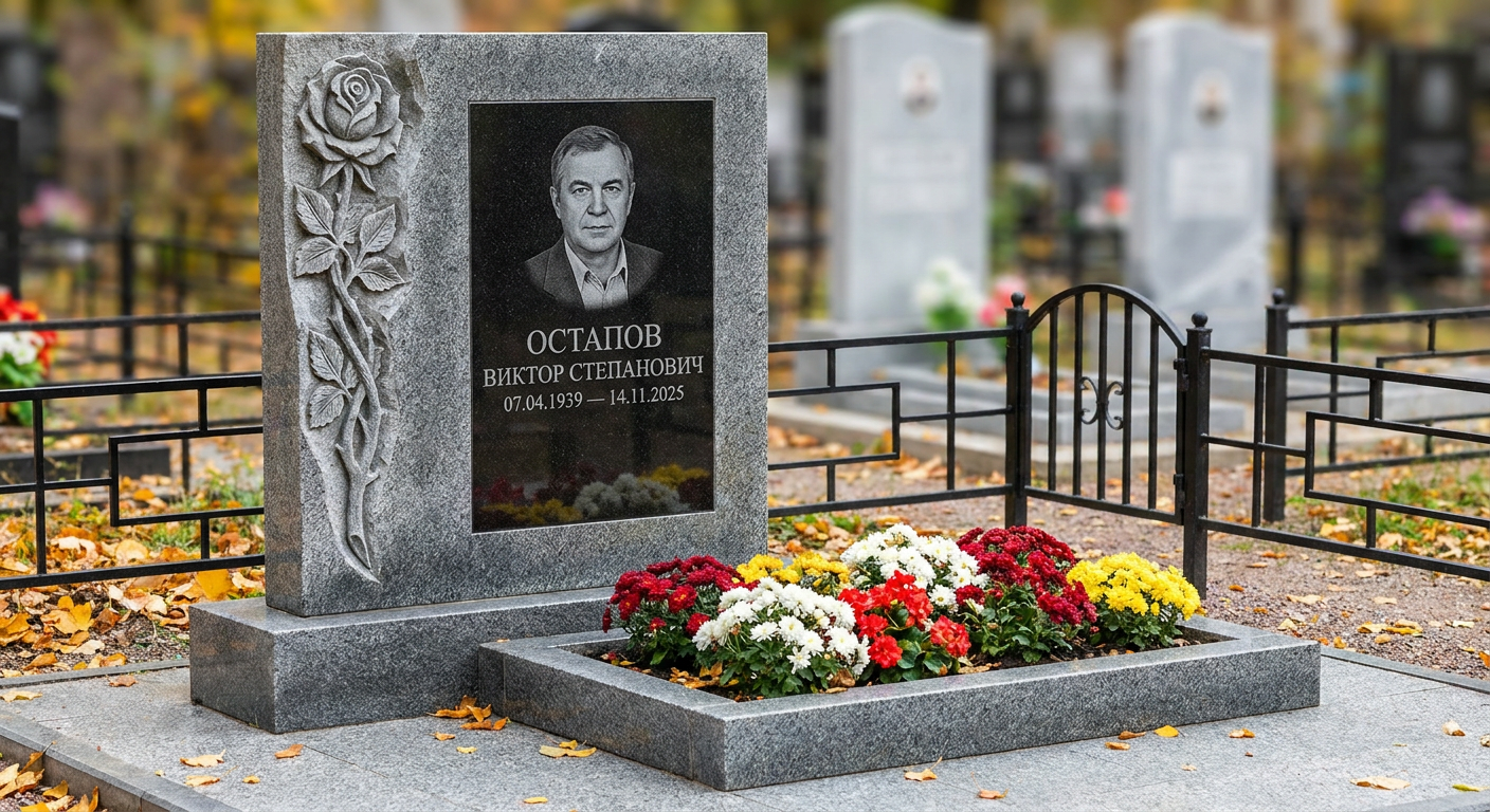 Пример дизайна: Памятник с розой на стеле из мансуровского гранита с черной вставкой