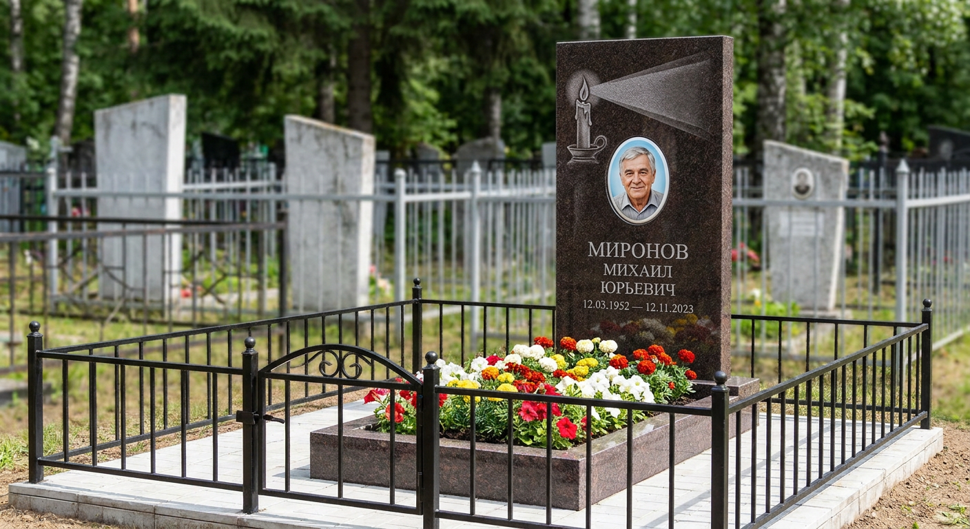 Пример дизайна: Стела с горящей свечой из дымовского гранита с фотопортретом