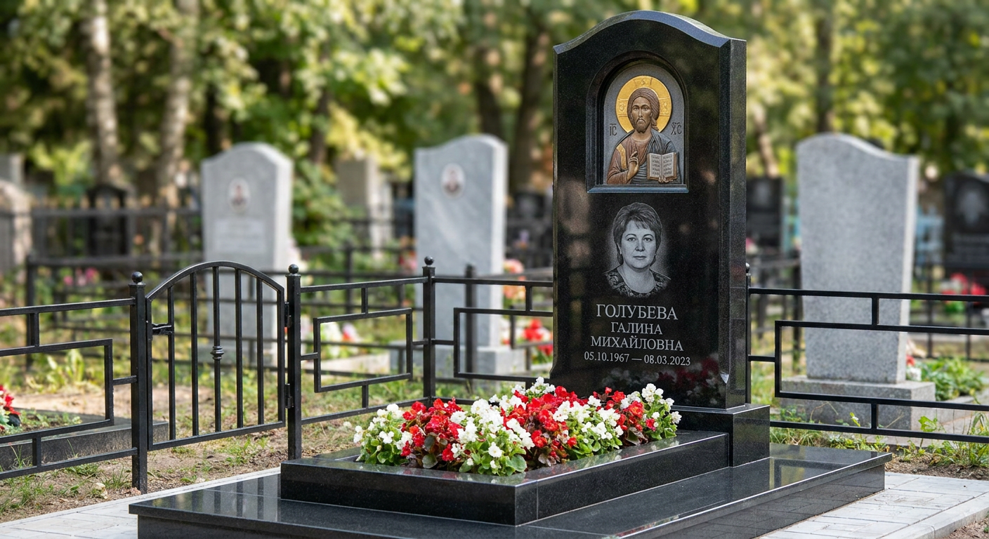 Пример дизайна: Гранитный памятник скала с оградой и цветником — фото и цена